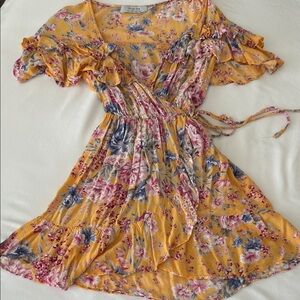 Auguste The Label Yellow Floral Wrap Mini Dress Flaw *wrap strings torn
